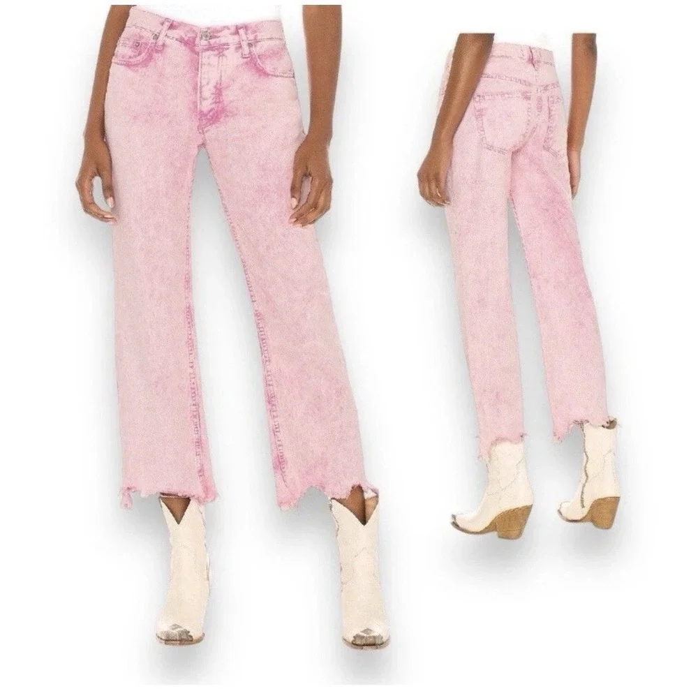 Free People‎ Maggie Jean Acid Wash Pink Button Fly Copped Distressed Hem 31